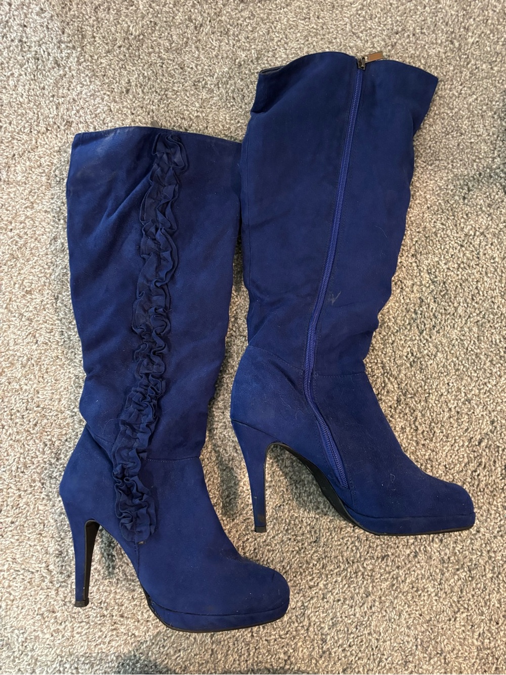 JustFab Navy Suede High-Heel Knee Boots with Ruffle Detail